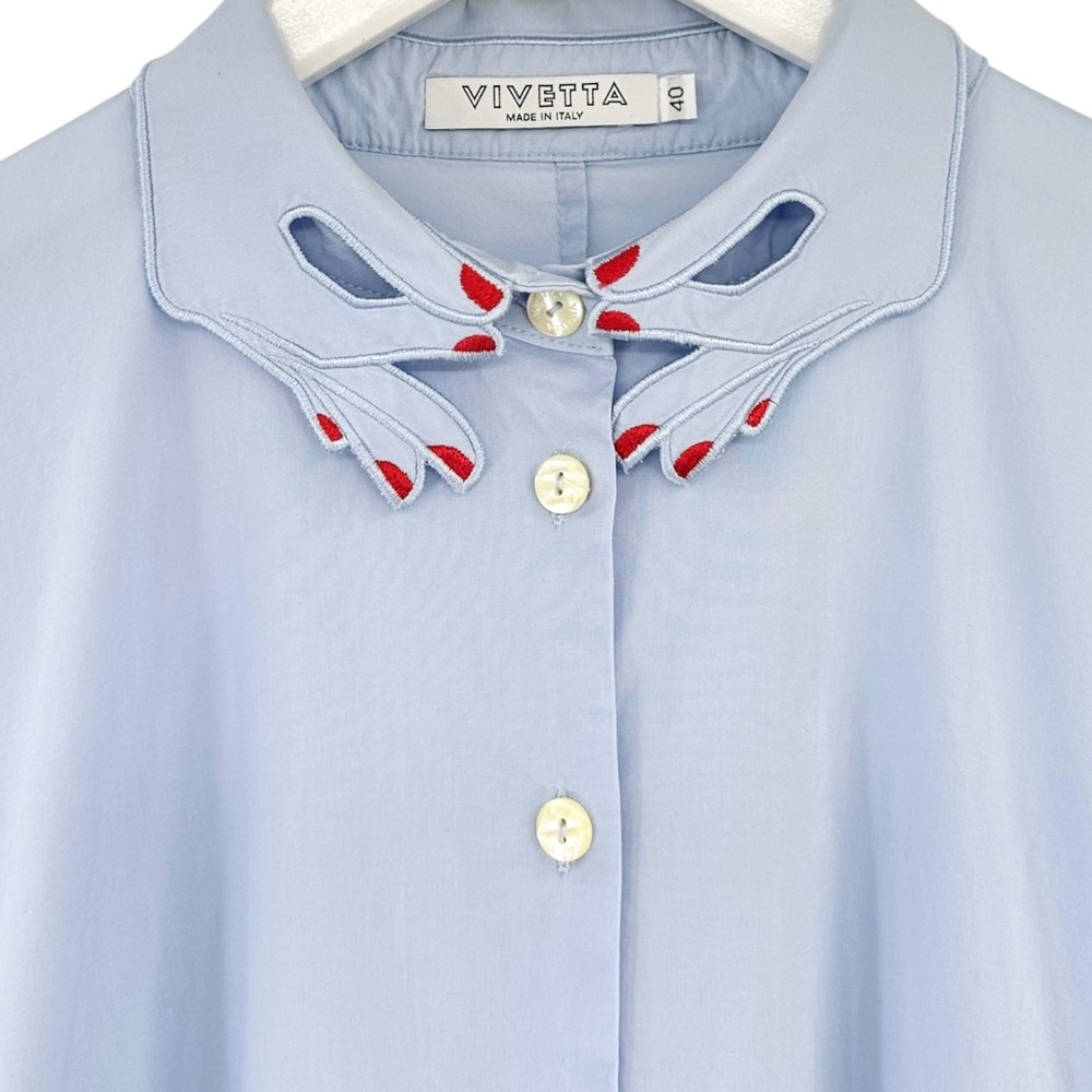VIVETTA Esmeralda Baby Blue Embroidered Collar Ruffled Short Sleeve Midi Dress - Picture 6 of 8